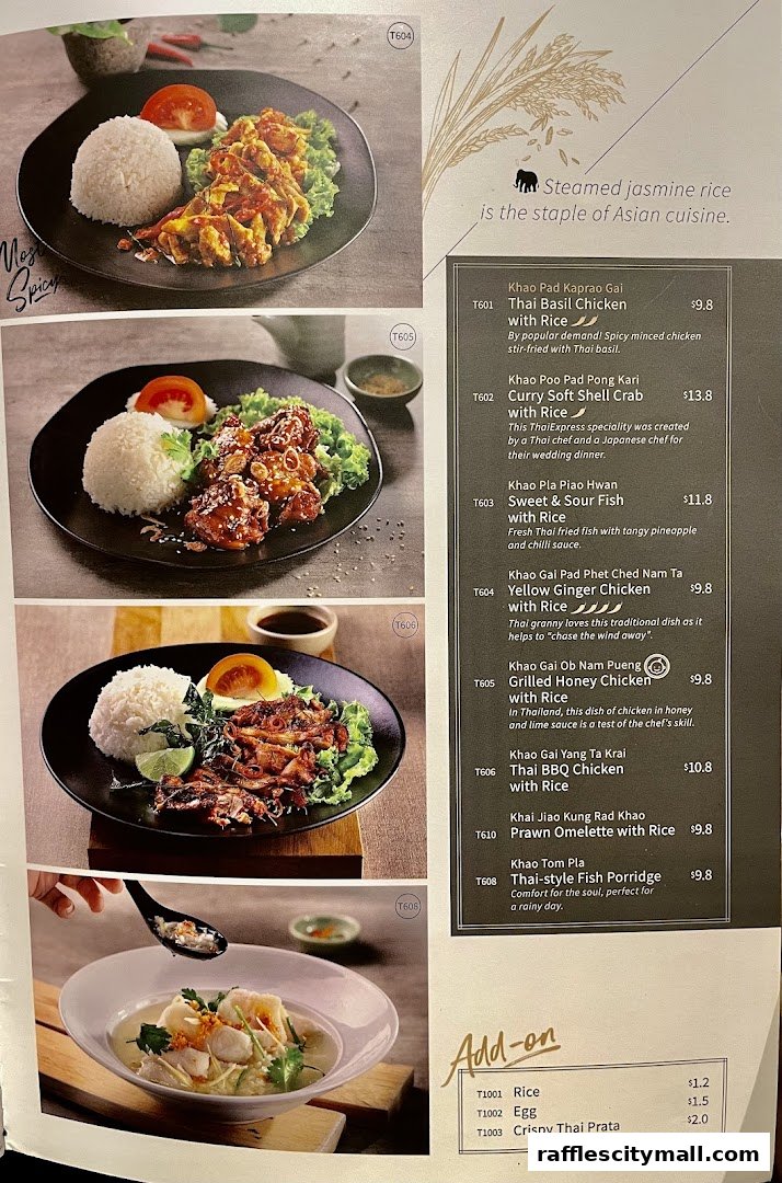A menu from Thai Express showcasing various Thai dishes with accompanying images and prices.