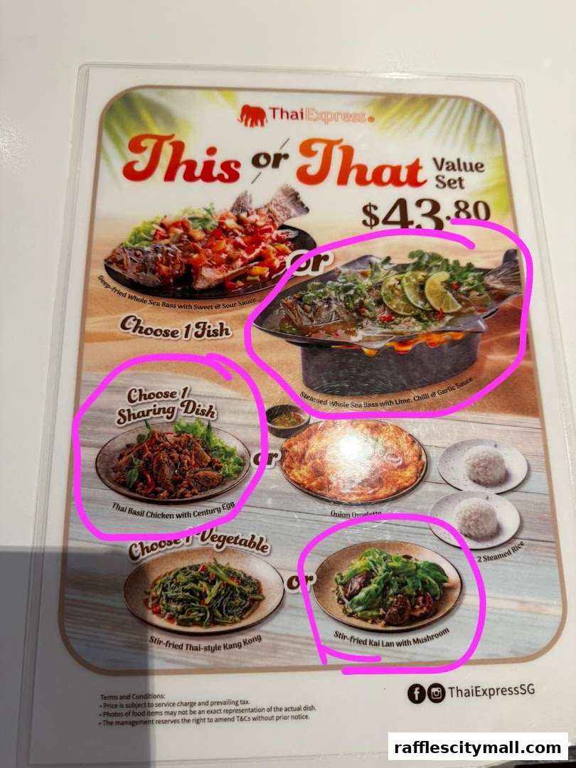 A menu from Thai Express featuring a 'This or That' value set with various Thai dishes.