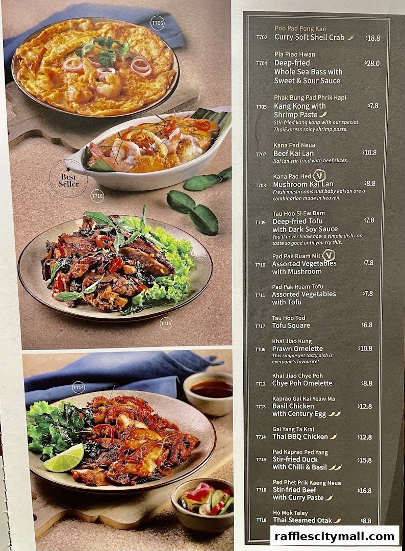 A menu from Thai Express featuring various Thai dishes with prices and descriptions.