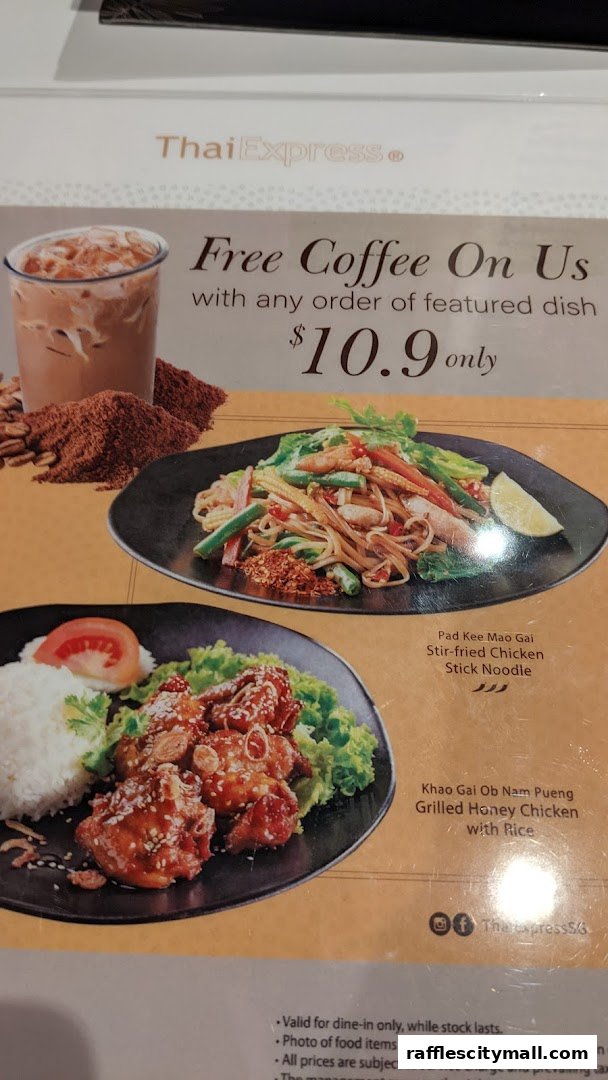 A promotional menu from Thai Express featuring two dishes and a free coffee offer.