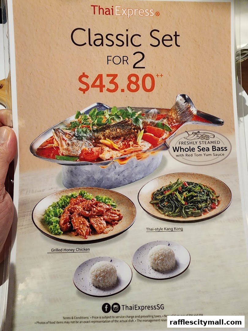 A menu for Thai Express featuring a Classic Set for 2 with grilled honey chicken and sea bass.