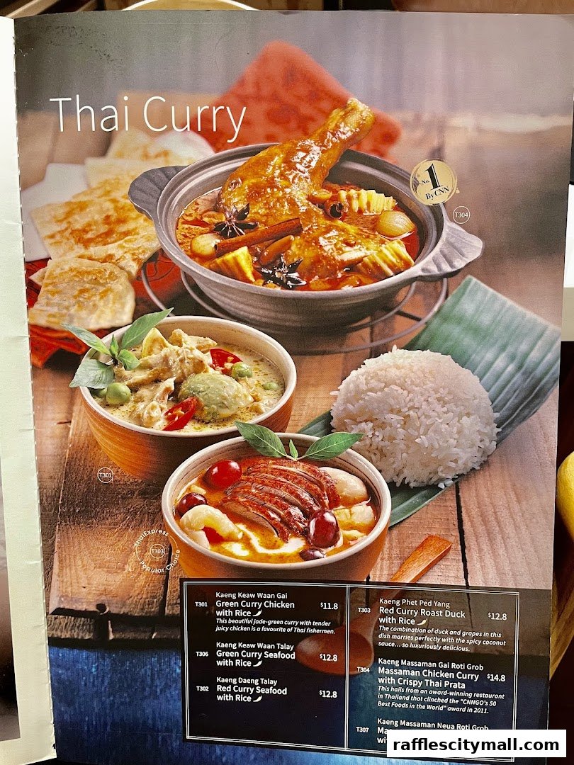 A menu showcasing various Thai curry dishes with enticing descriptions and prices.