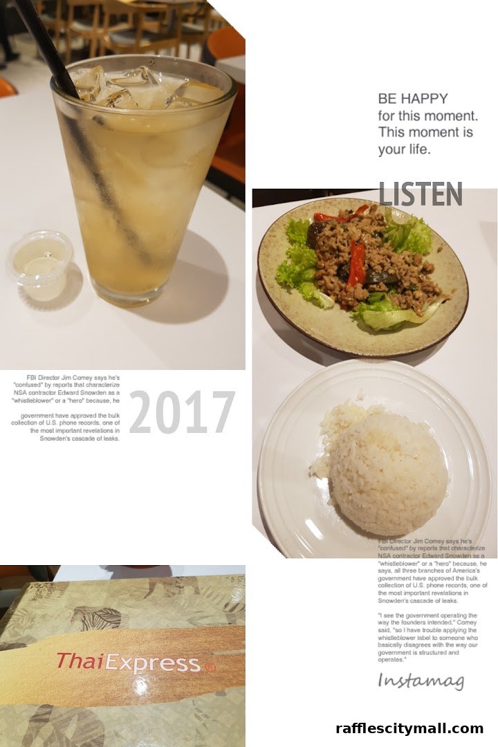 A refreshing drink and a Thai dish with rice, alongside the Thai Express logo.