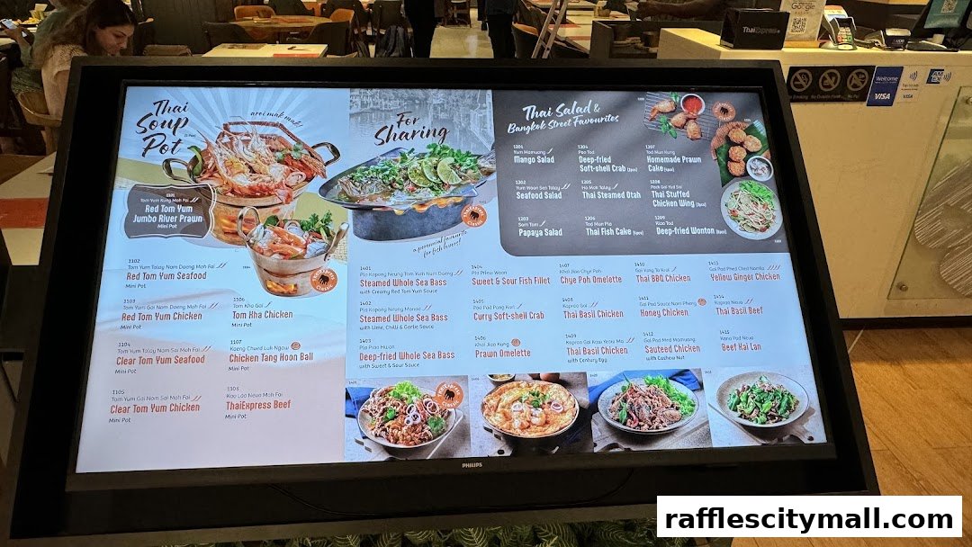 A digital menu board displaying Thai food dishes with images and descriptions.