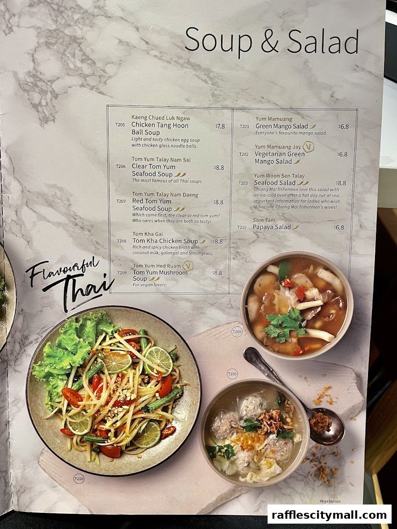 A menu page from Thai Express featuring soups and salads with accompanying images.