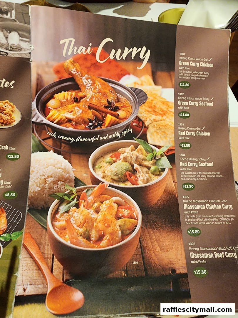 A menu featuring various Thai curries with enticing descriptions and prices.
