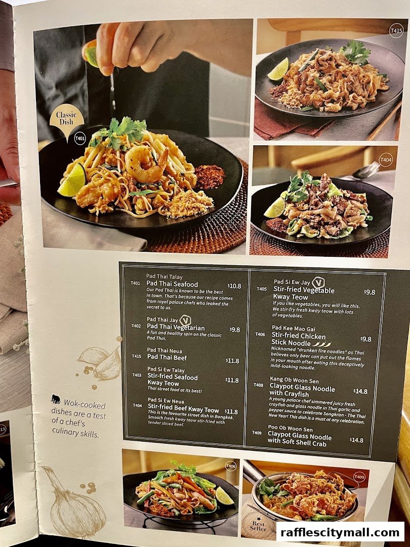 A menu showcasing various Thai noodle dishes with enticing descriptions and prices.