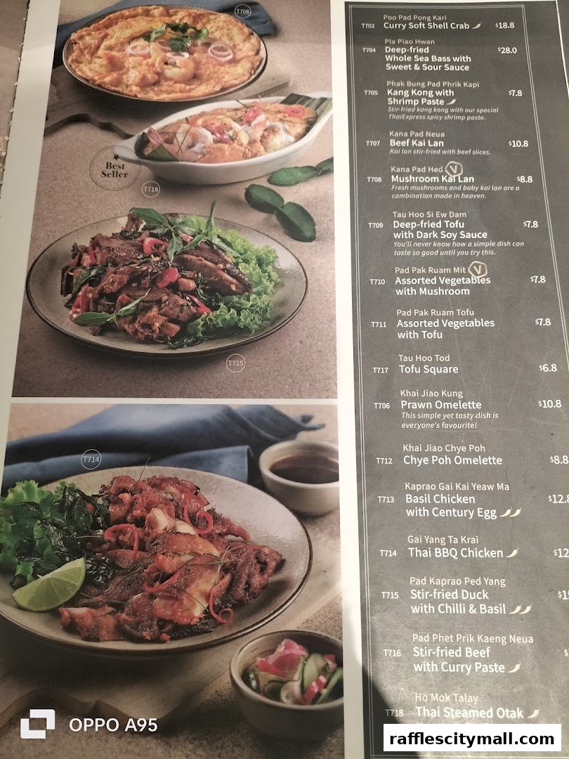 A menu from Thai Express featuring various Thai dishes with images and prices.