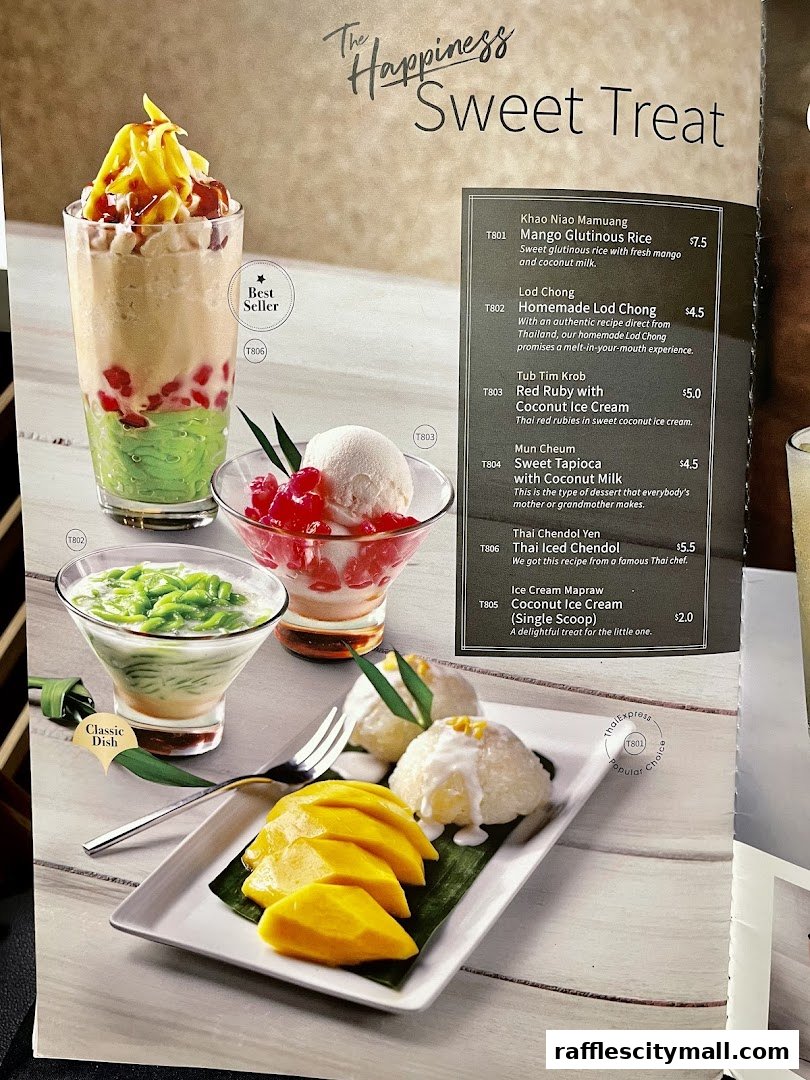 A menu page from Thai Express showcasing various sweet Thai desserts and drinks.