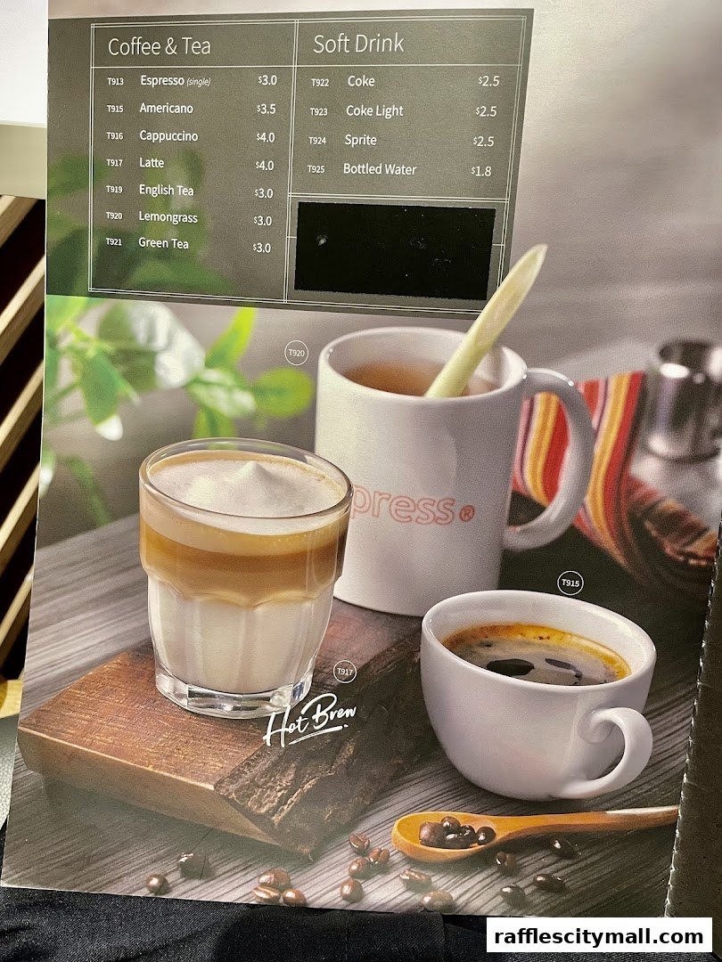 A menu featuring coffee, tea, and soft drinks with appealing beverage photography.