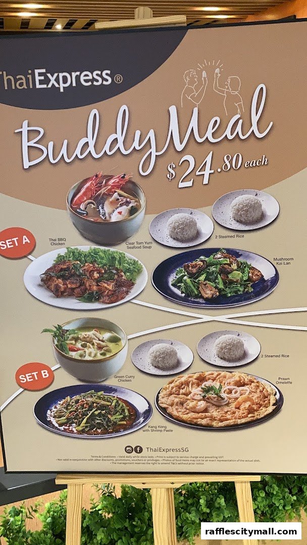A menu board for Thai Express showcasing their Buddy Meal for two.