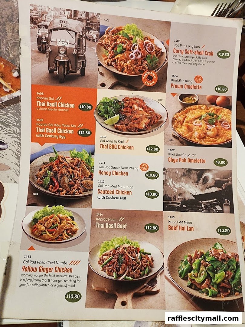 A menu from Thai Express featuring various Thai dishes with enticing descriptions and prices.