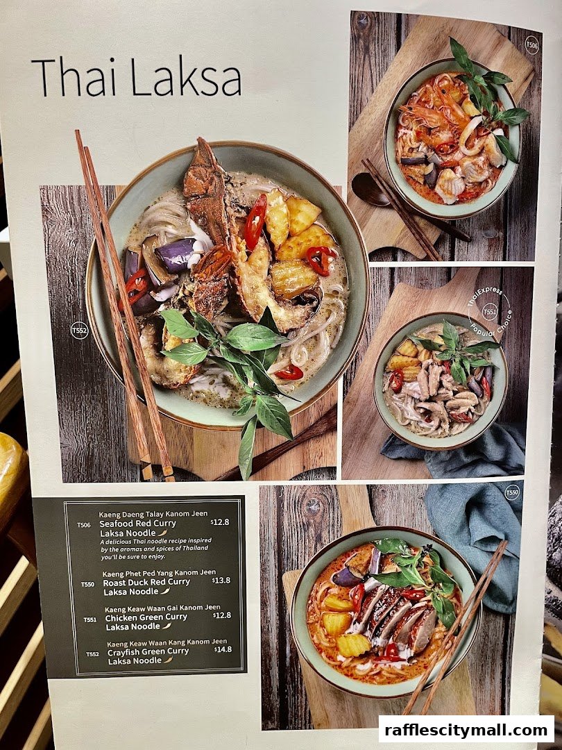 A menu showcasing various Thai Laksa noodle dishes with appetizing images and descriptions.