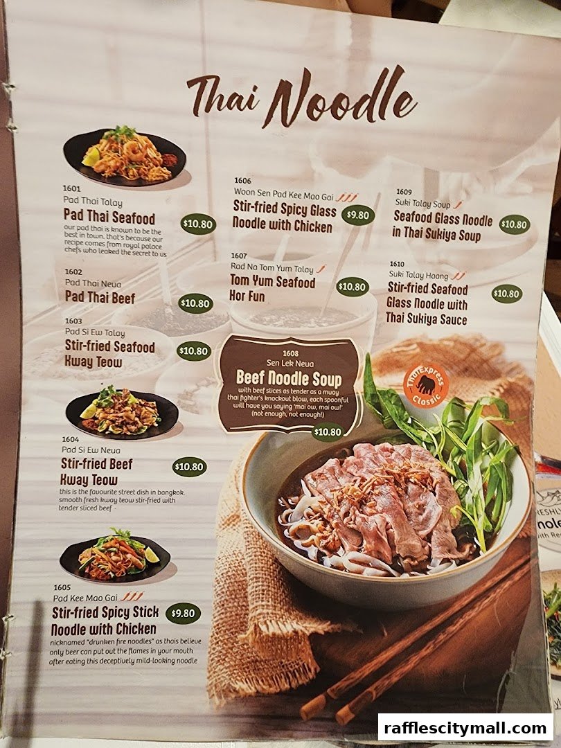 A menu page from Thai Express featuring various noodle dishes with descriptions and prices.