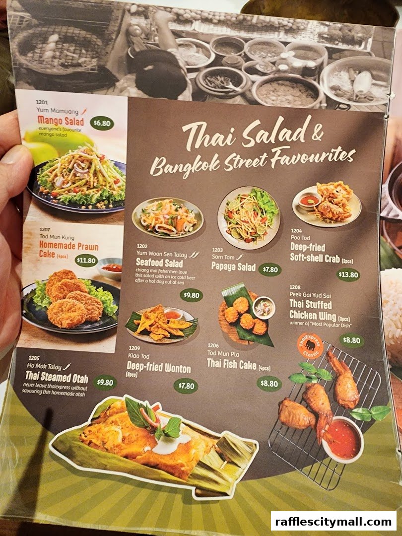 A menu from Thai Express featuring salads and street food favorites.