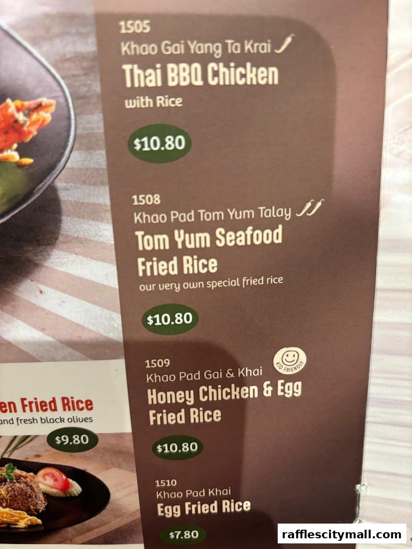 A close-up of a Thai Express menu featuring various rice dishes with prices.