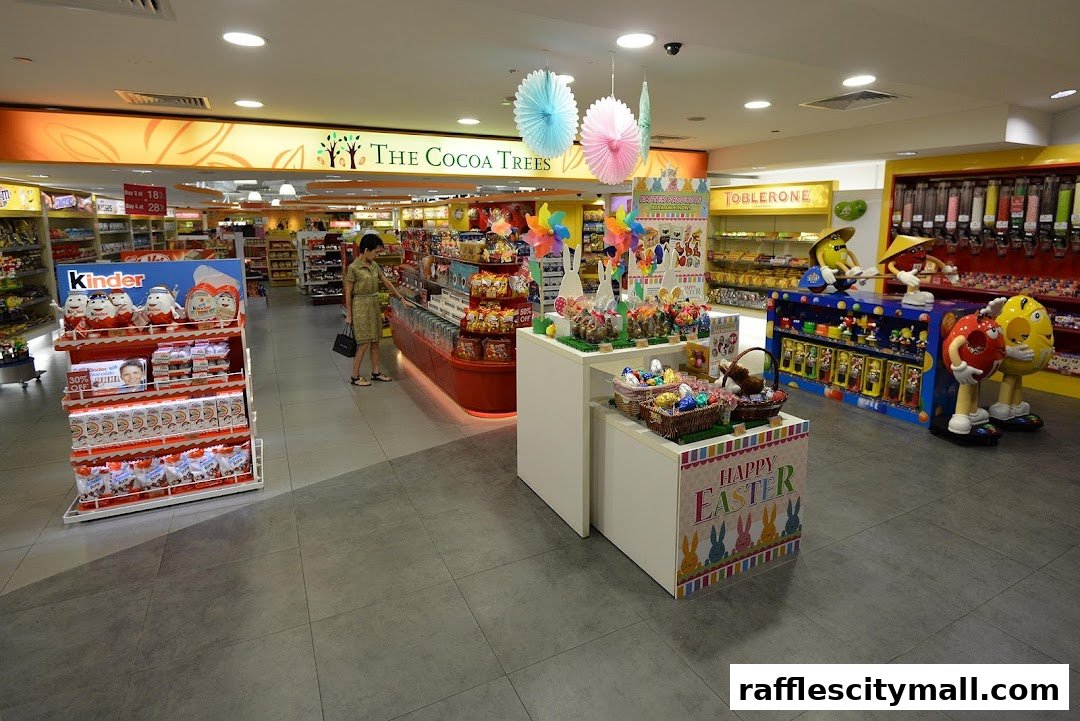 Interior view of The Cocoa Trees shop, showcasing a variety of chocolates and Easter-themed displays.
