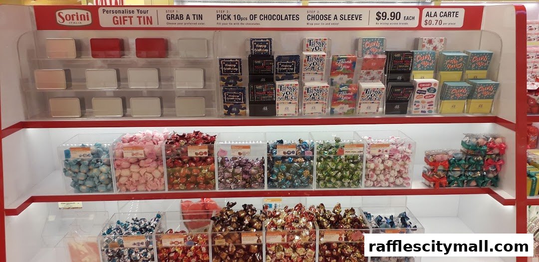 A display of chocolates and gift tins with various personalization options and pricing.