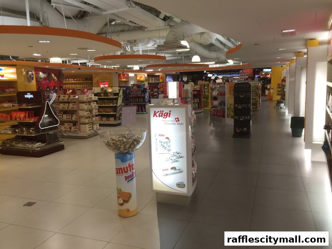 Interior view of a brightly lit confectionery shop with shelves stocked with chocolates and snacks.
