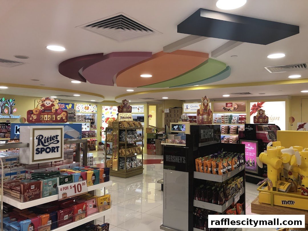 Interior view of a well-lit chocolate shop with various brands of chocolates on display.