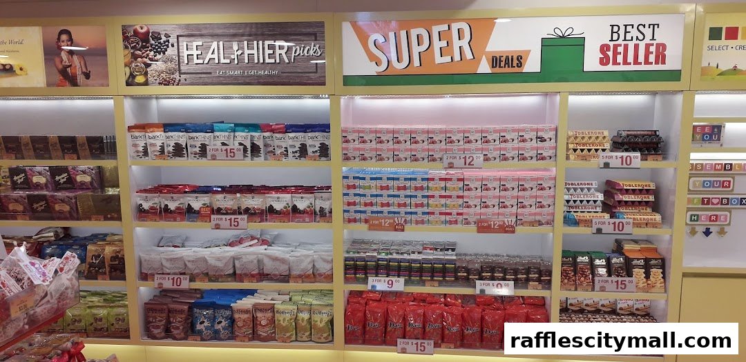 Shelves stocked with various chocolates and snacks, featuring 'Super Deals' and 'Best Seller' signage.
