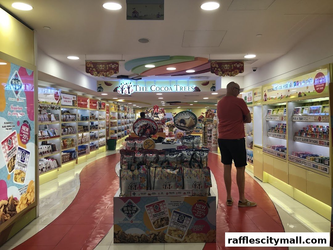 Interior view of The Cocoa Trees shop, showcasing shelves filled with chocolates and snacks, and a customer browsing.