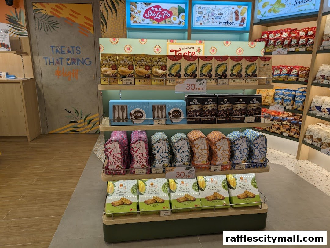 A retail shop display featuring various snacks, chocolates, and durian-flavored treats.