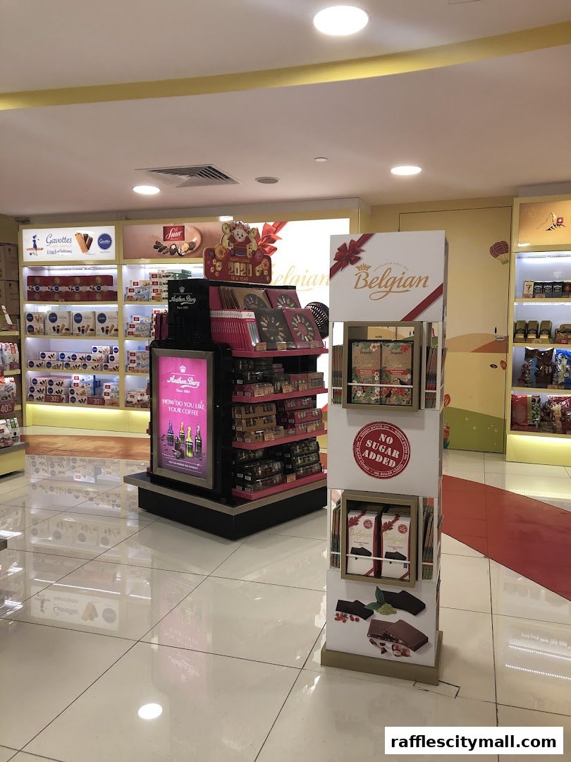Interior view of The Cocoa Trees shop, showcasing various chocolate products and displays.