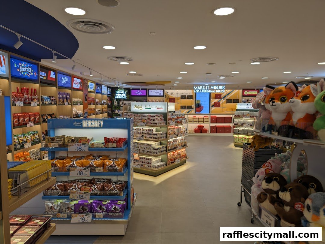 Interior view of The Cocoa Trees shop, showcasing shelves filled with chocolates and plush toys.