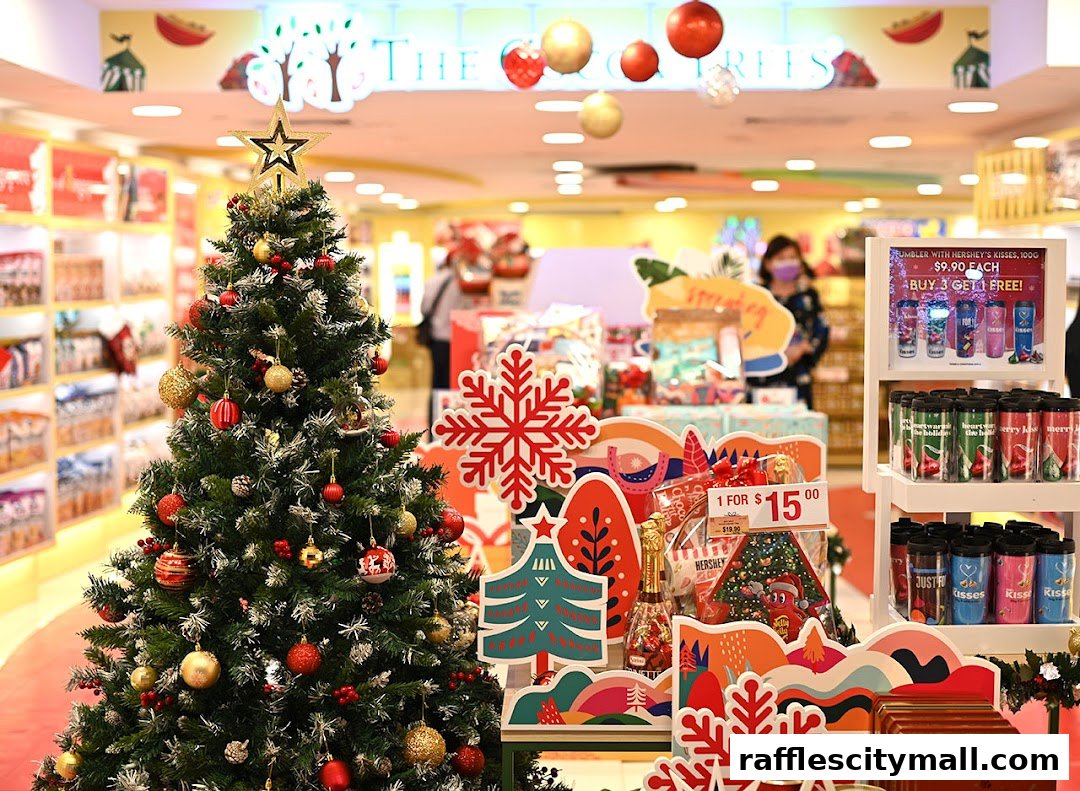 A festive Christmas display with a decorated tree and various confectionery products.