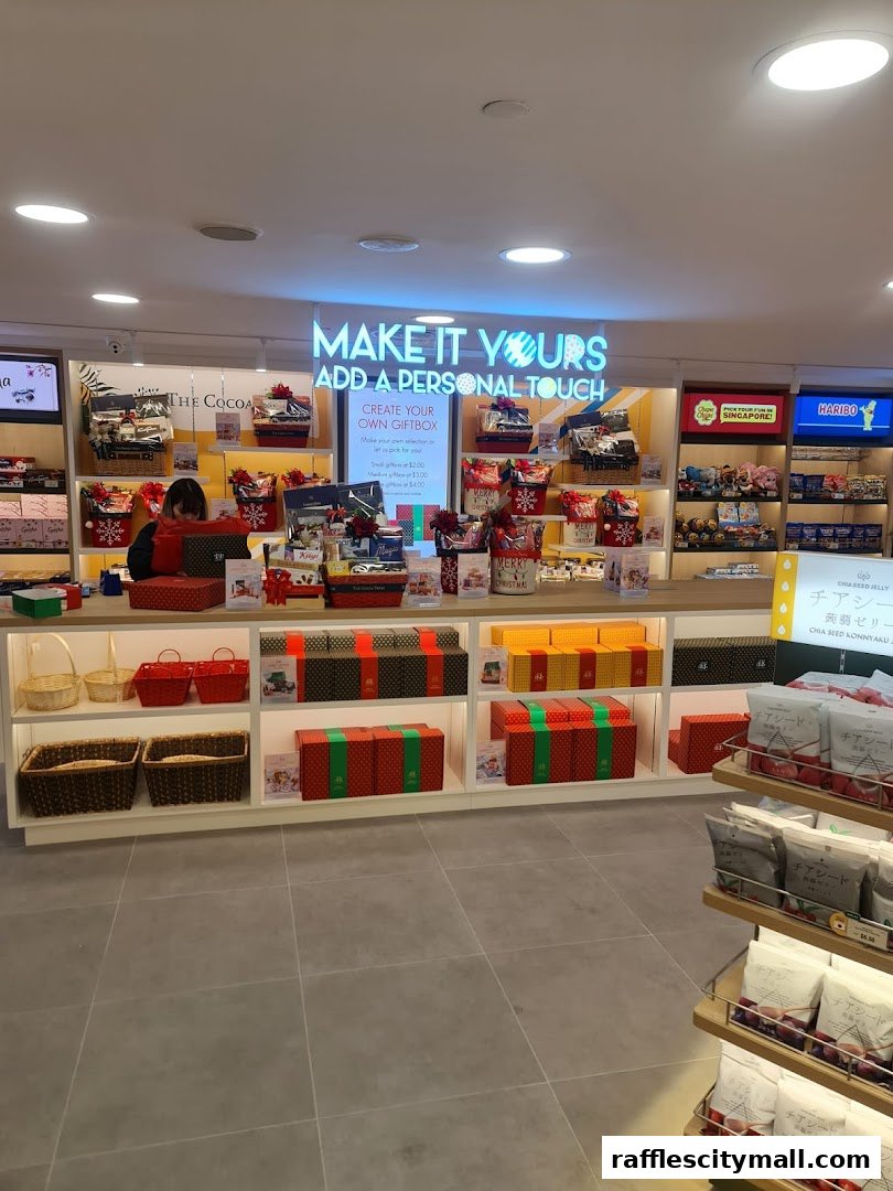 A retail shop interior displaying gift boxes and various confectionery items.