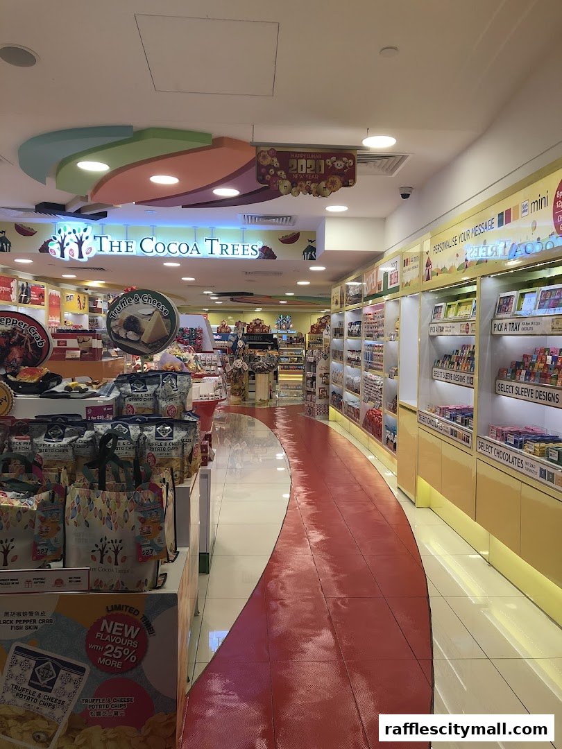 Interior view of The Cocoa Trees shop, showcasing shelves filled with chocolates and snacks.