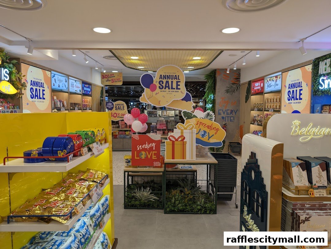 Interior view of The Cocoa Trees shop with annual sale promotions and various chocolate products.