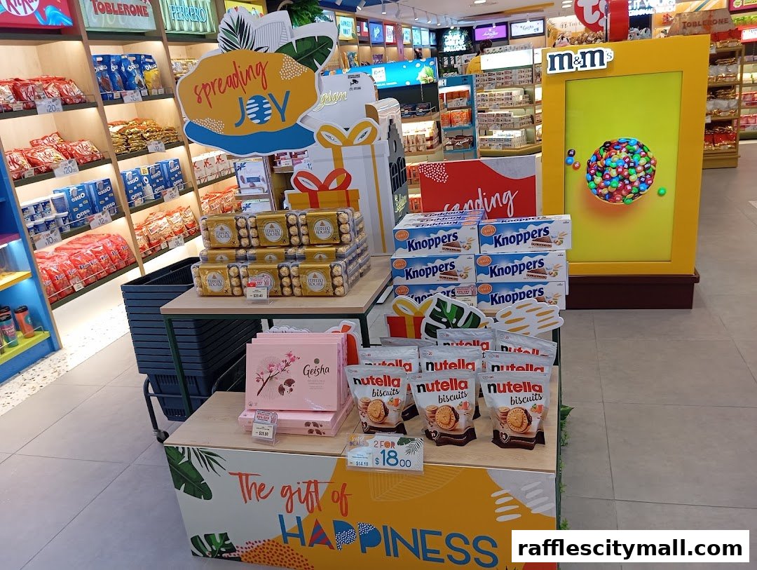 A display of assorted chocolates and biscuits, including Ferrero Rocher, Nutella biscuits, and Knoppers.