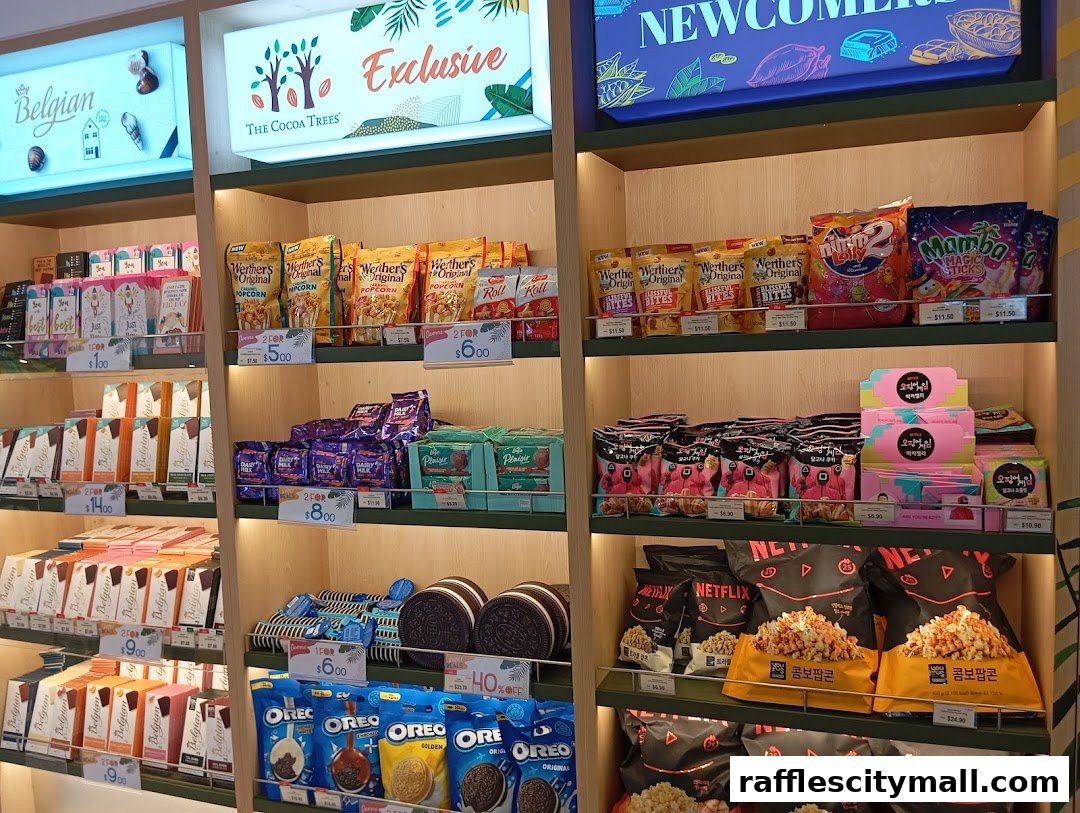Shelves stocked with various chocolates, popcorn, and snacks from The Cocoa Trees.