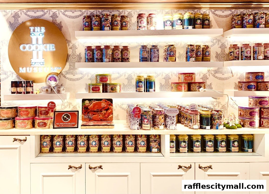 A display of various cookie tins and jars on shelves in a shop.