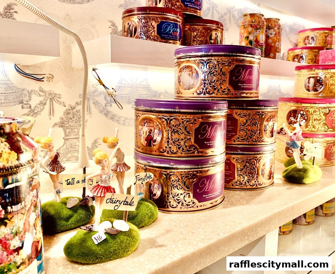 Beautifully decorated cookie tins and ballerina figurines displayed on shelves.