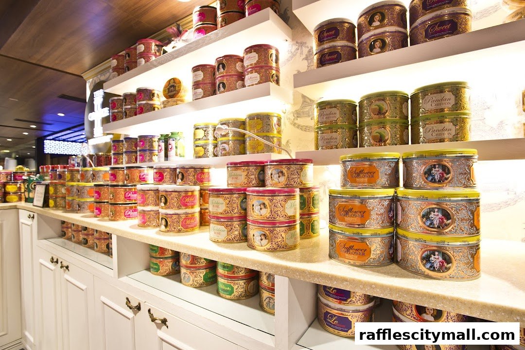 Shelves filled with decorative tins of cookies and sweets from The Cookie Museum.