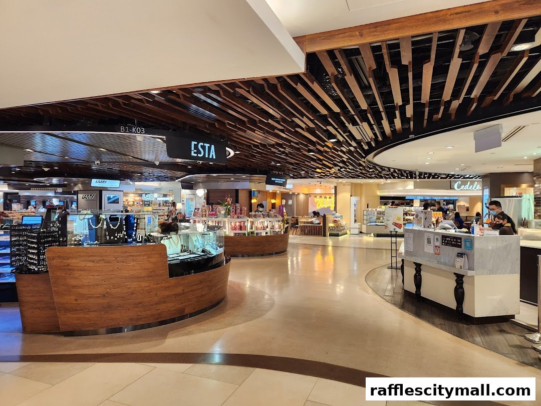 Interior view of a shopping mall with various shops and displays, including jewelry and food.
