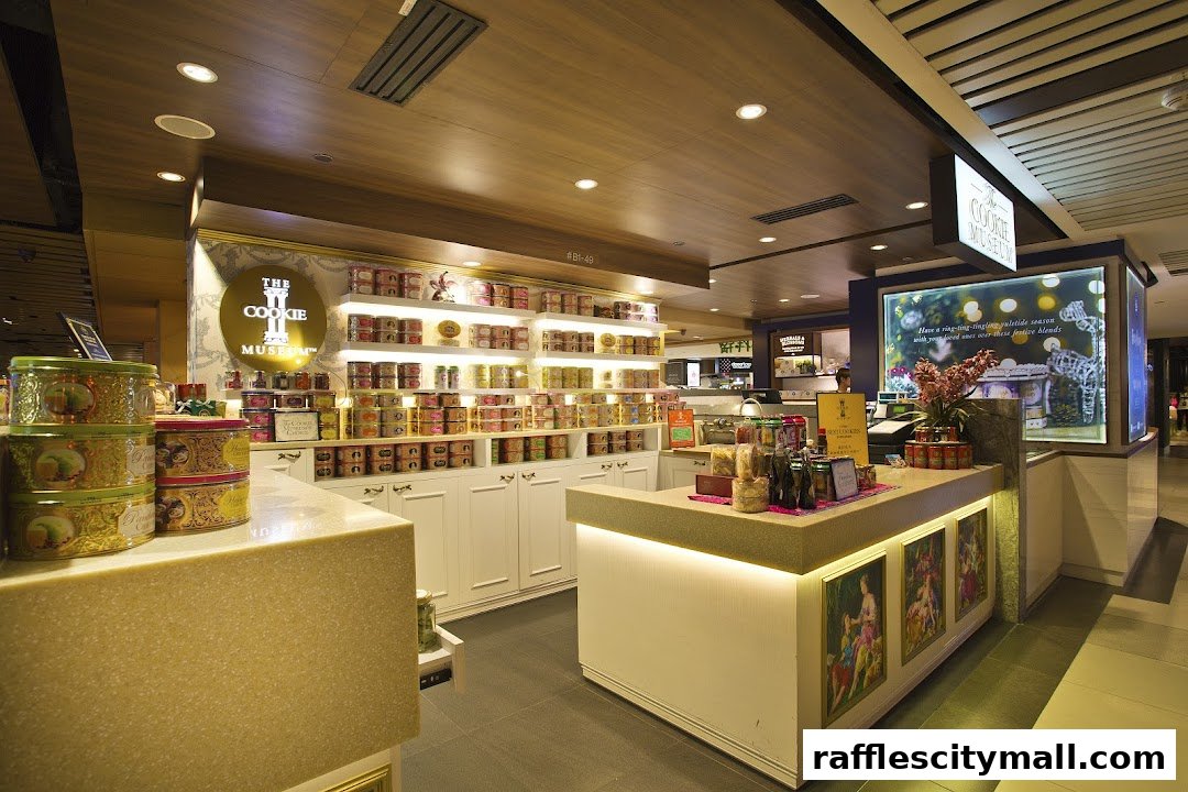 Interior view of The Cookie Museum shop, showcasing shelves filled with cookie tins and a display counter.