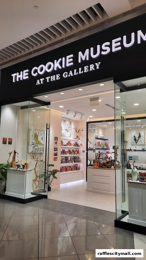 The Cookie Museum shop front with a display of cookies and decorative items.
