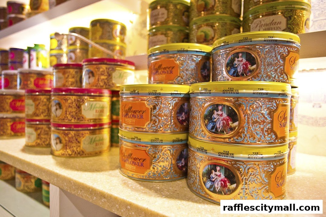 A display of beautifully decorated cookie tins stacked on shelves, featuring ornate designs and vintage imagery.