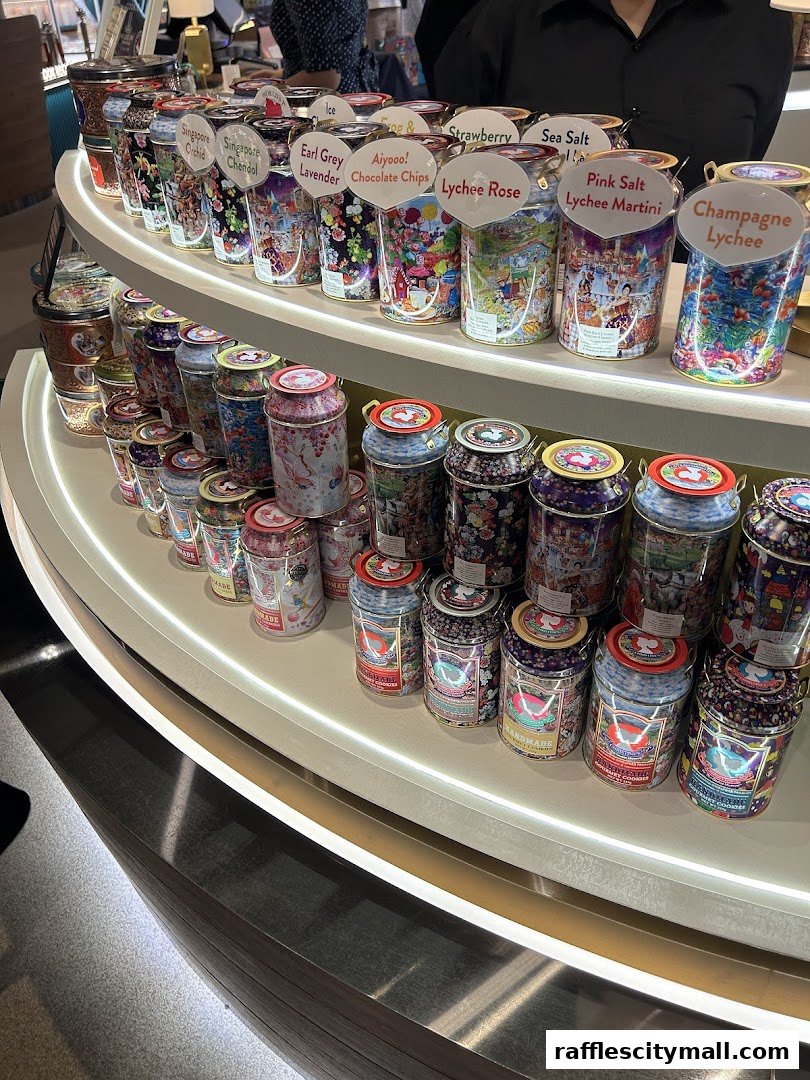 A display of beautifully decorated cookie tins with various flavors and designs.
