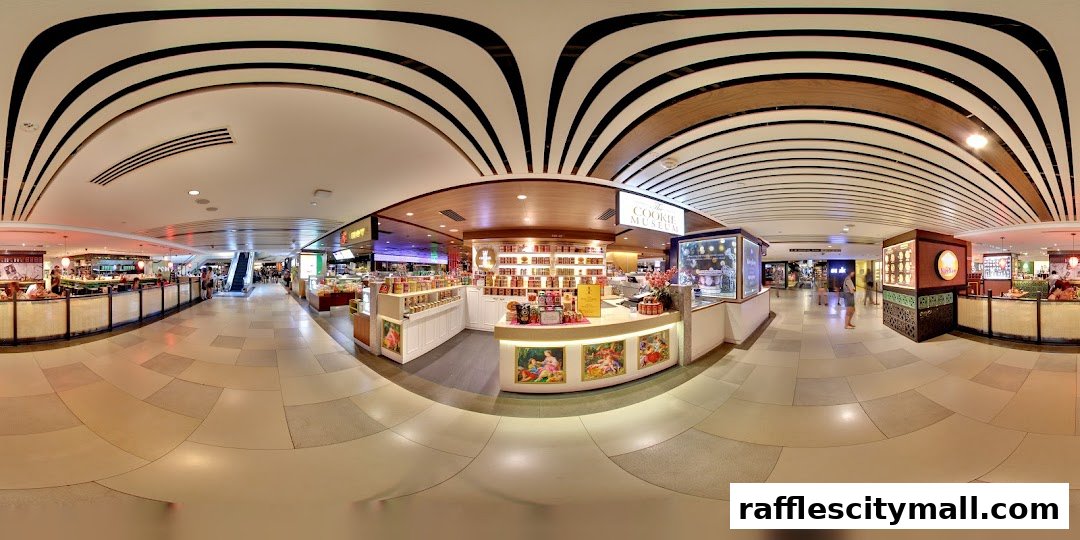 A panoramic view of The Cookie Museum shop interior, showcasing displays of cookies and a counter.