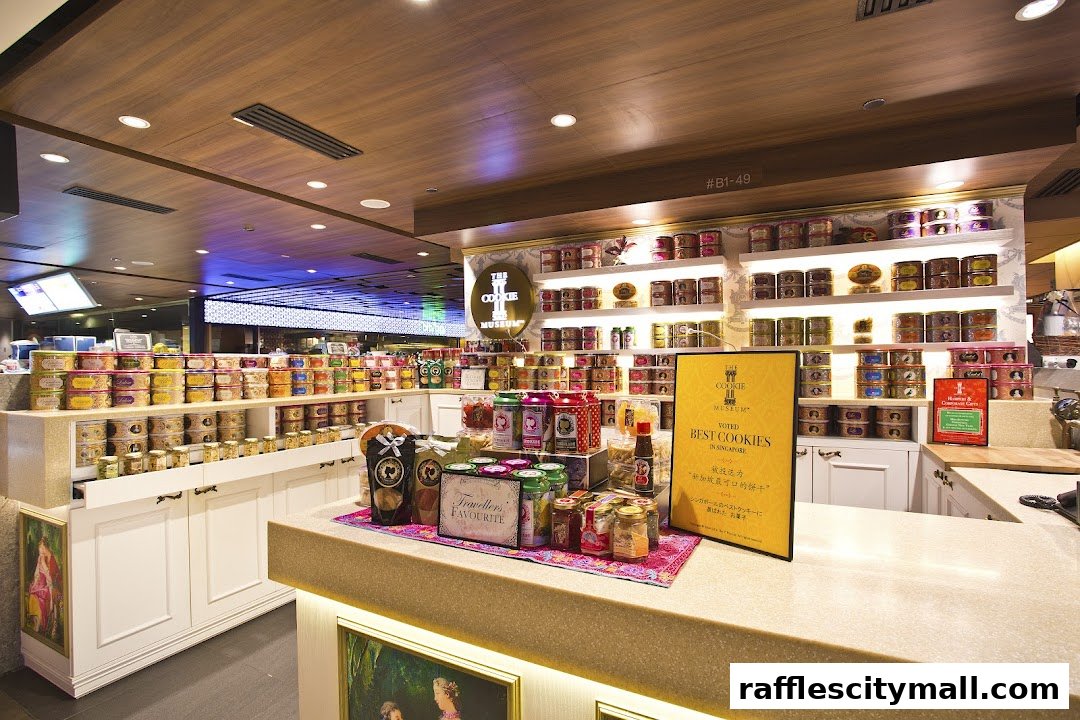 Interior view of The Cookie Museum shop, showcasing shelves filled with cookie tins and a counter display.
