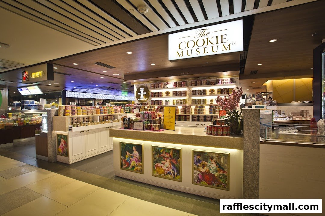 The Cookie Museum shop front with shelves full of cookie tins and a display counter.