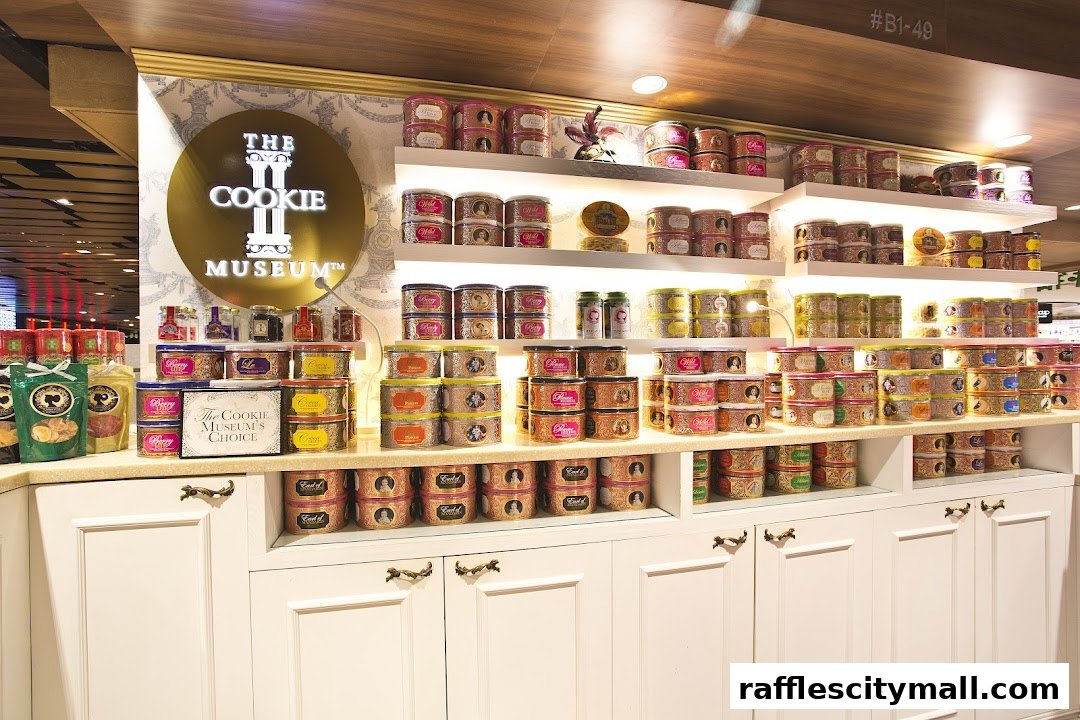 A wide display of assorted cookies in decorative tins at The Cookie Museum.