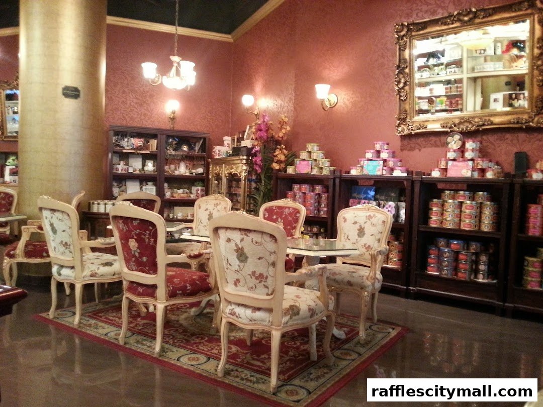 Interior of The Cookie Museum with elegant seating and shelves stocked with cookies.