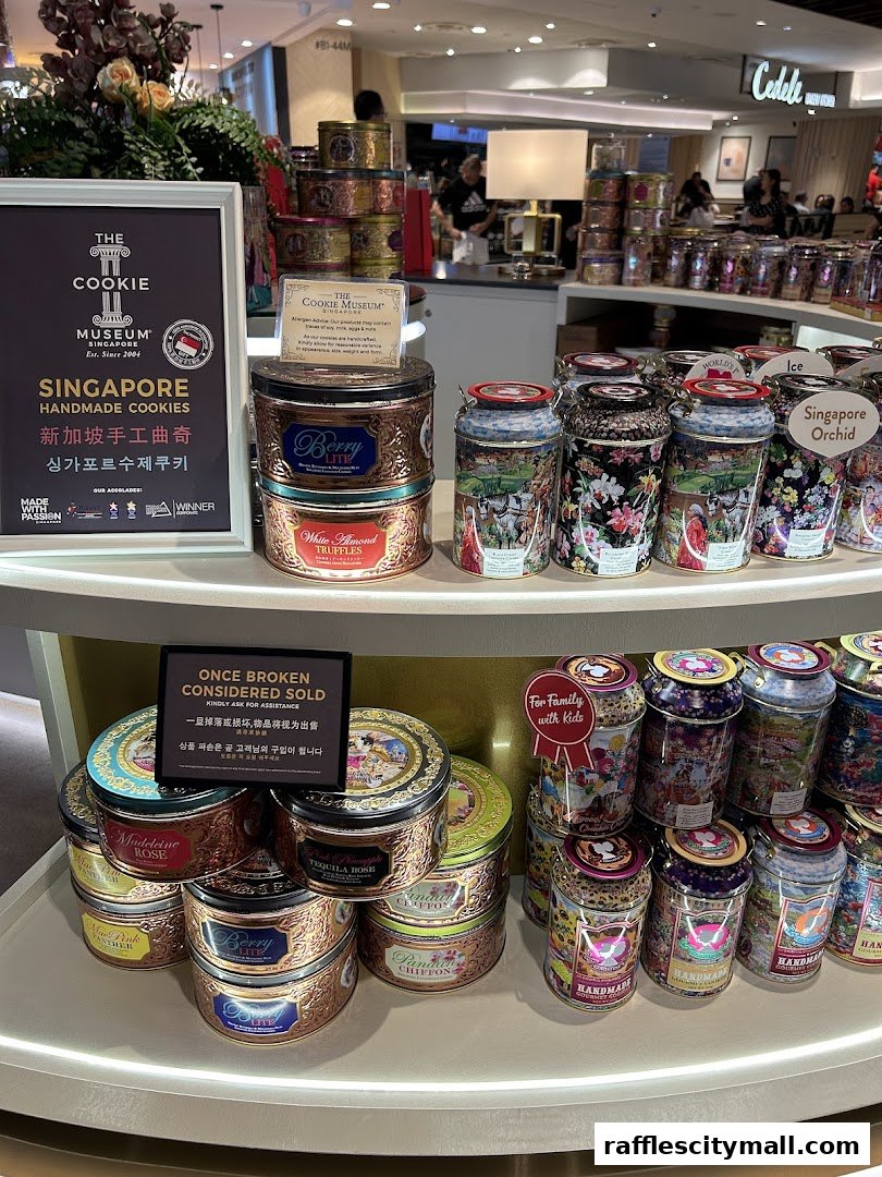 A display of beautifully packaged gourmet cookies from The Cookie Museum.