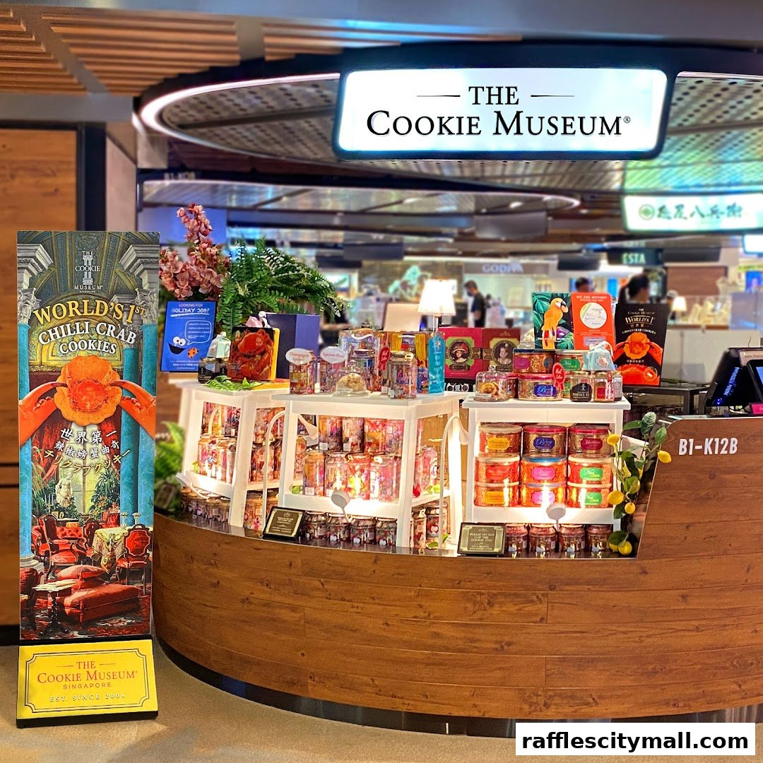 The Cookie Museum shop front displaying various cookie tins and a promotional stand.